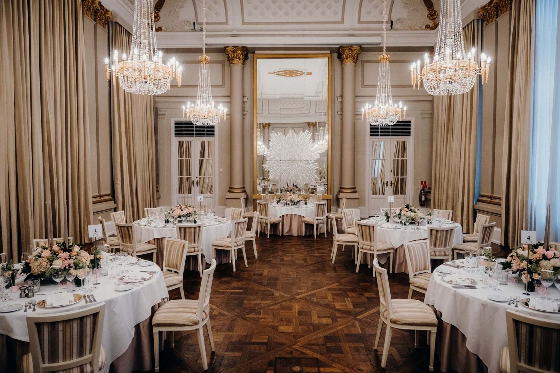 An elegant reception beautifully set with flowers, candlelight and dinner tables